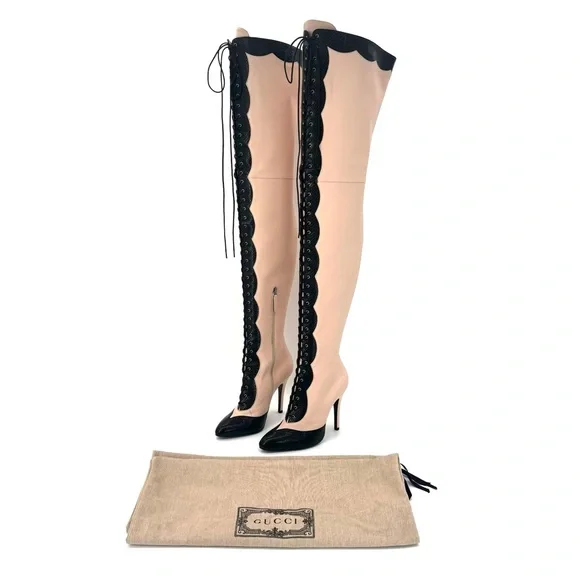 NEW Gucci Harriet Thigh High Snake Emboss Beige Black Pointed Toe Boots 38 - Picture 2 of 10